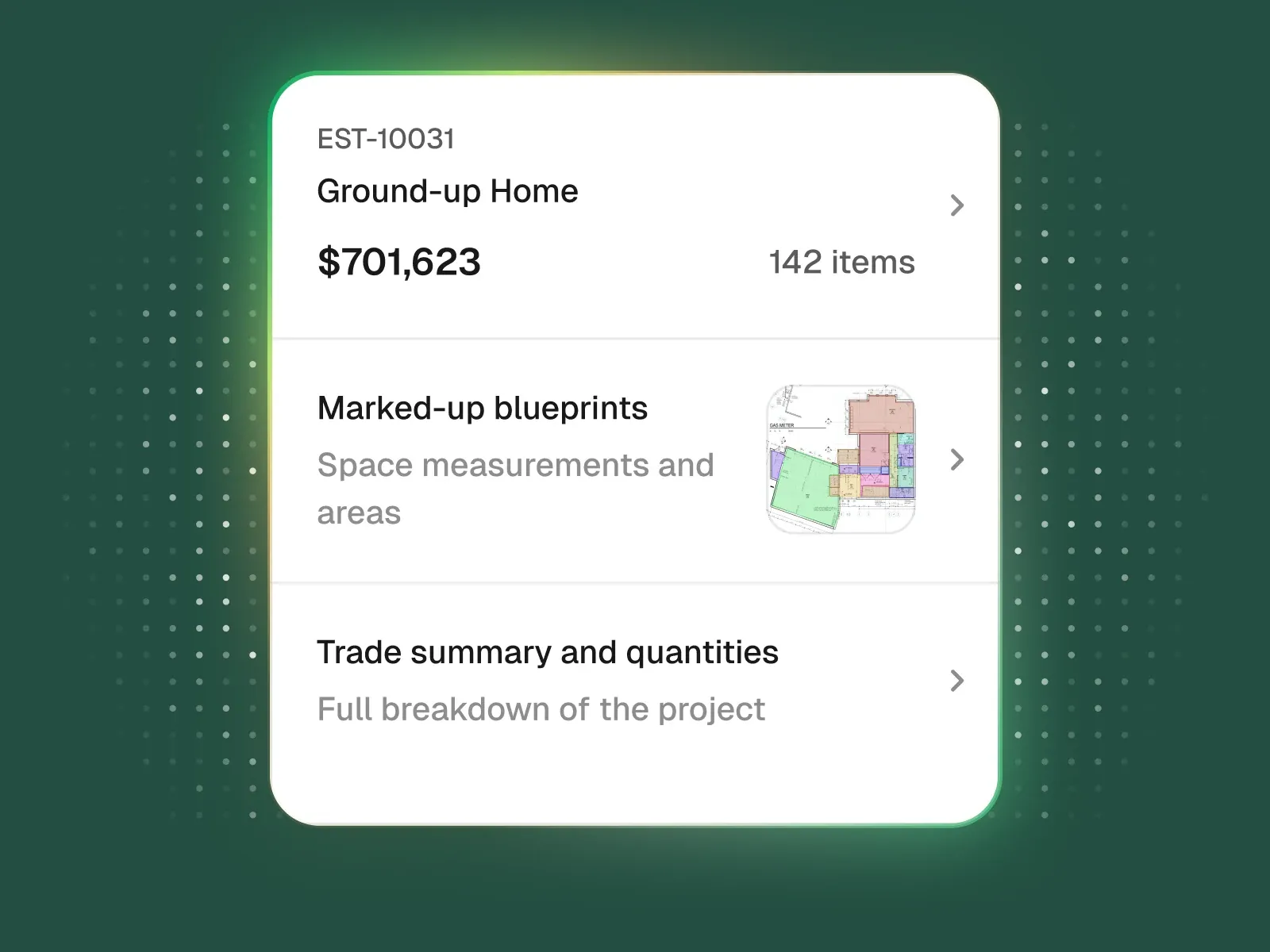 Finished takeoff with materials, SKUs, and prices