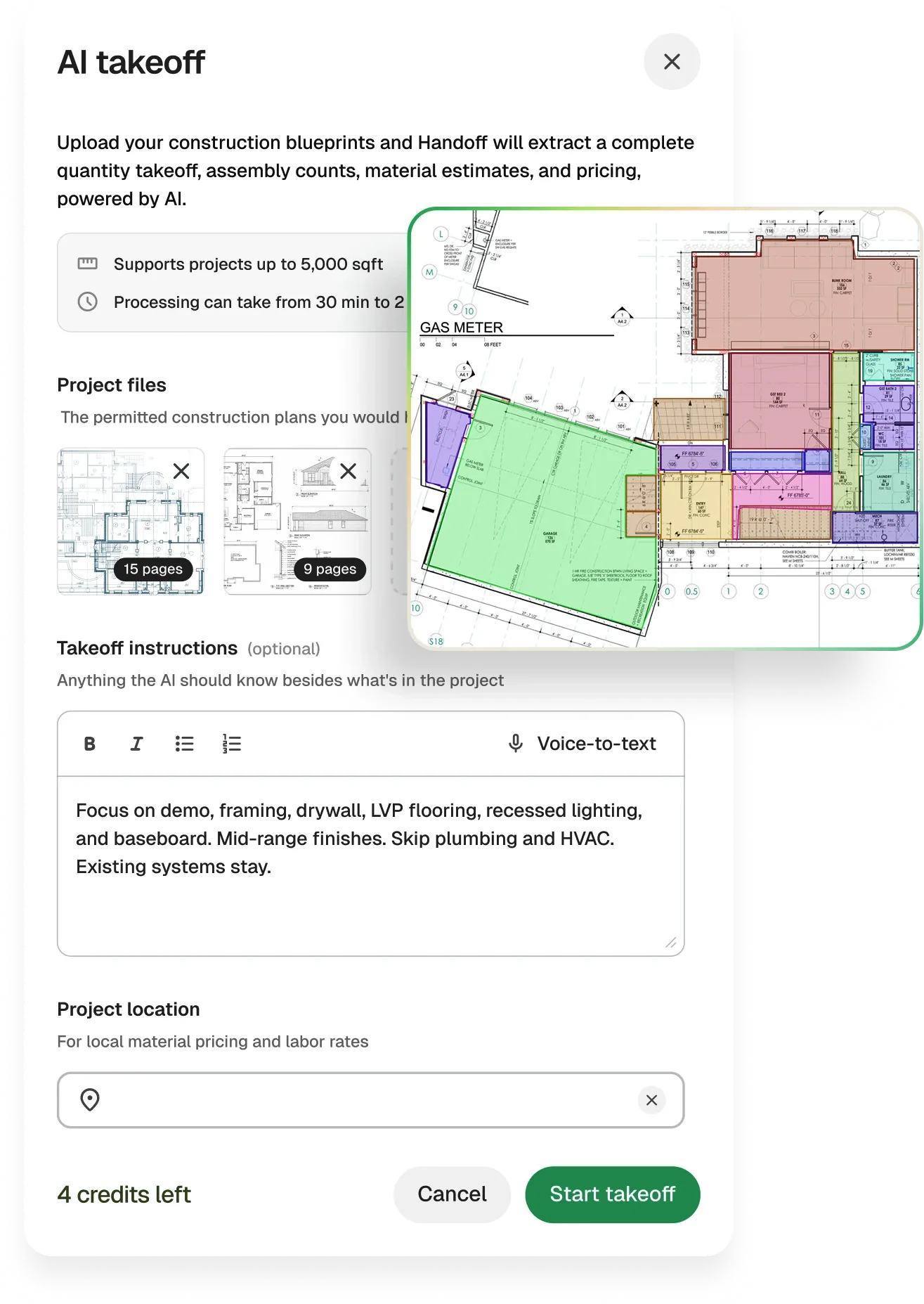 Handoff AI Takeoffs interface showing a plan upload screen and a color-coded visual takeoff of a floor plan