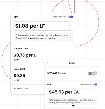 1build API pricing interface showing construction cost rates