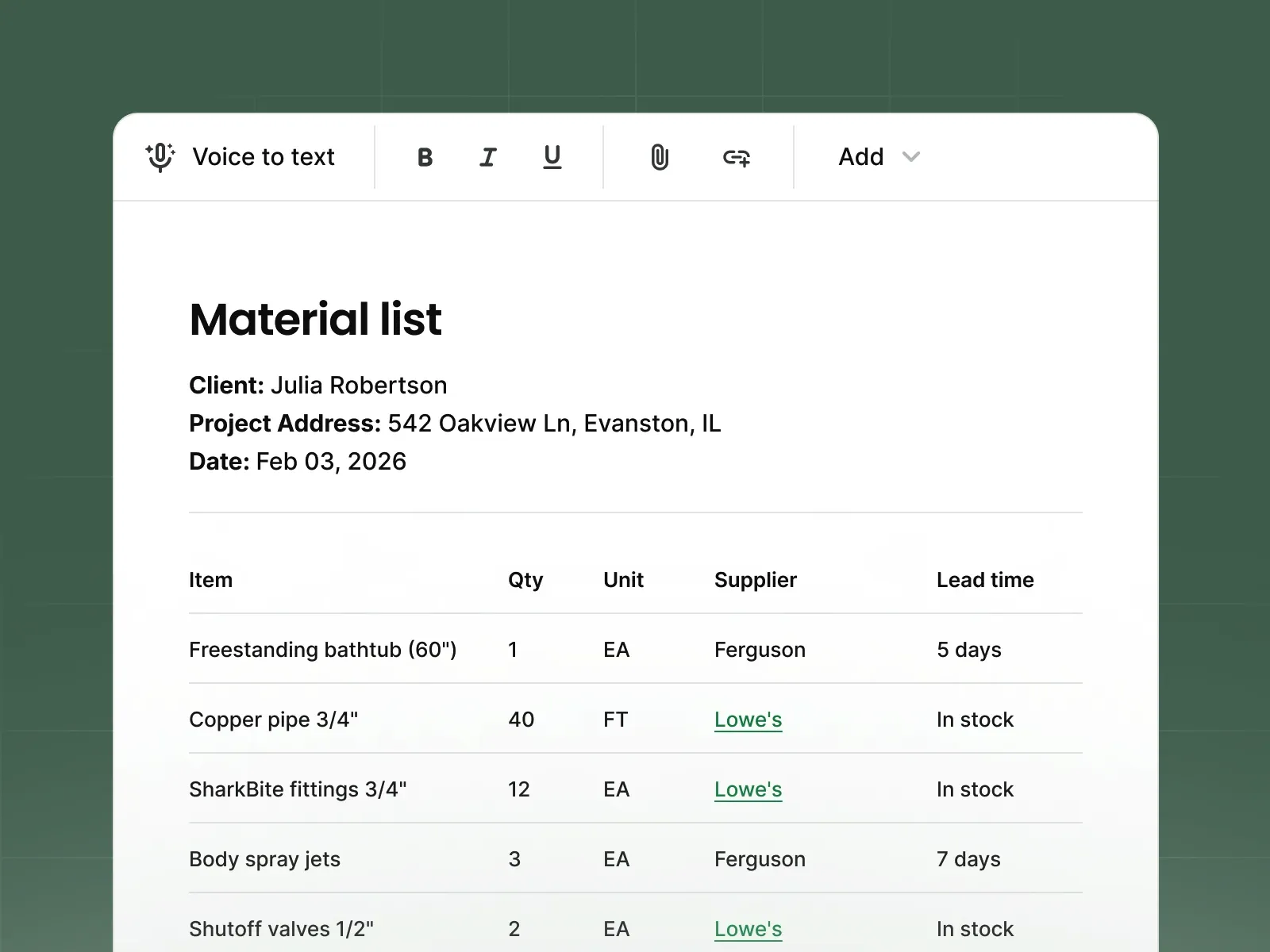 Material list document