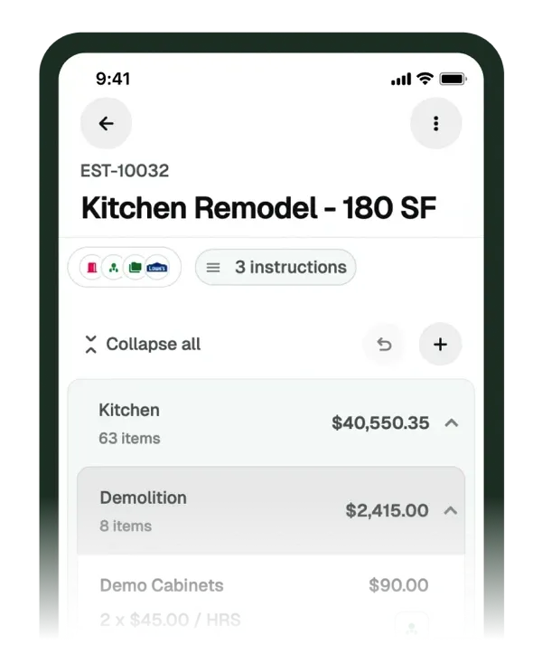 Handoff estimate dashboard showing a bathroom remodel project