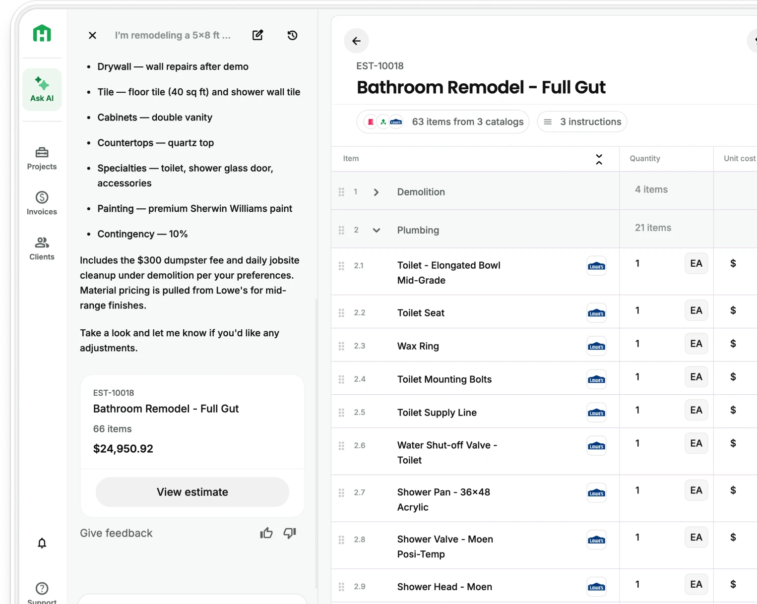 Handoff modern estimate and project view
