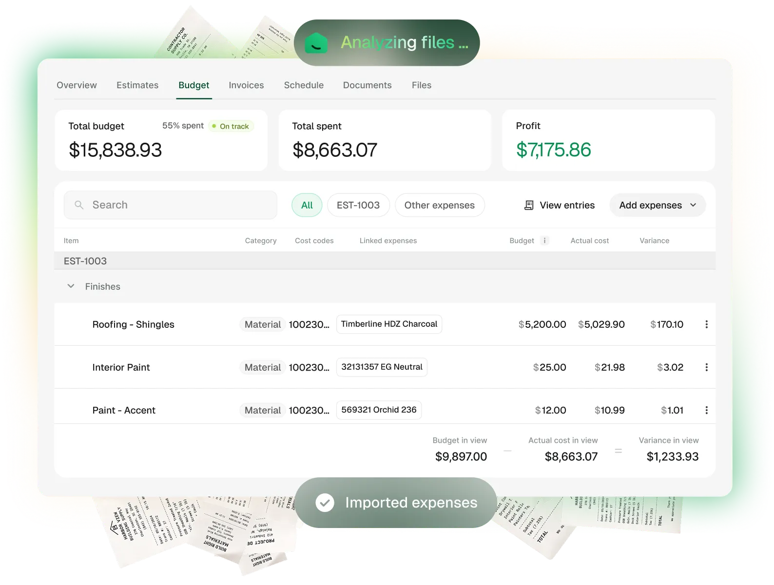 Handoff AI Budget Tracking interface showing live budget tracking against actual costs