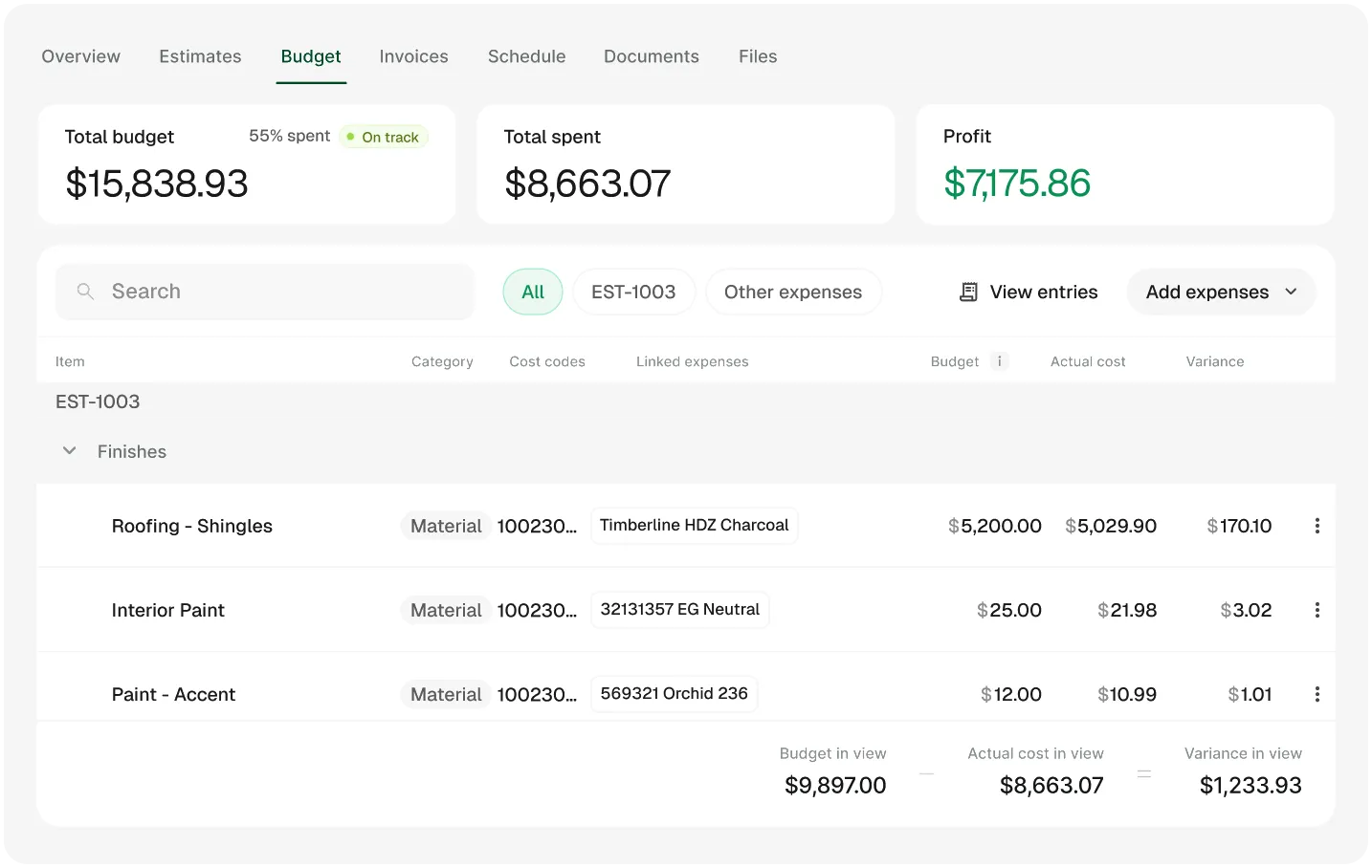 Handoff AI Job Costing interface showing live budget tracking against actual costs