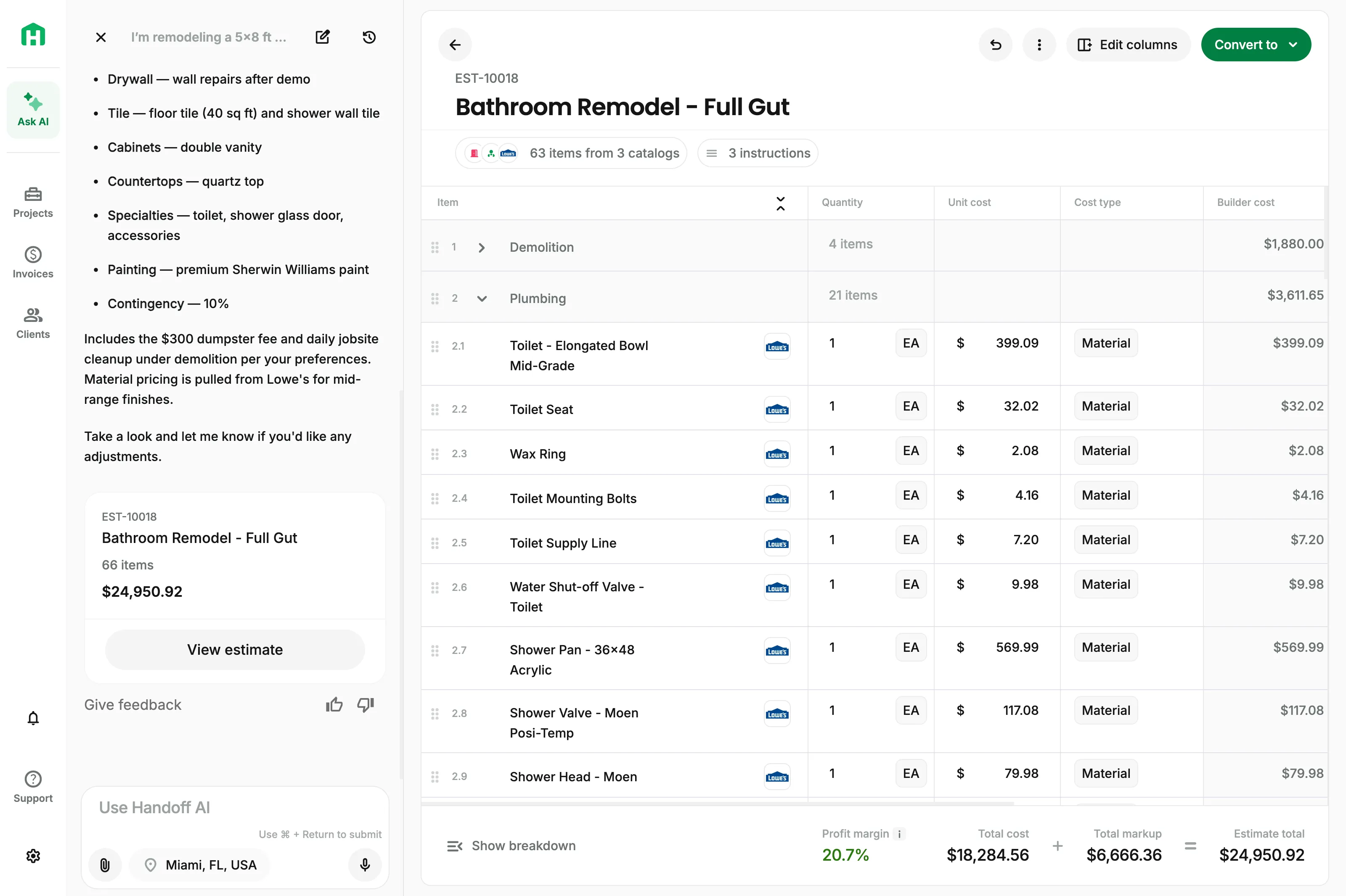 Handoff estimate and project view