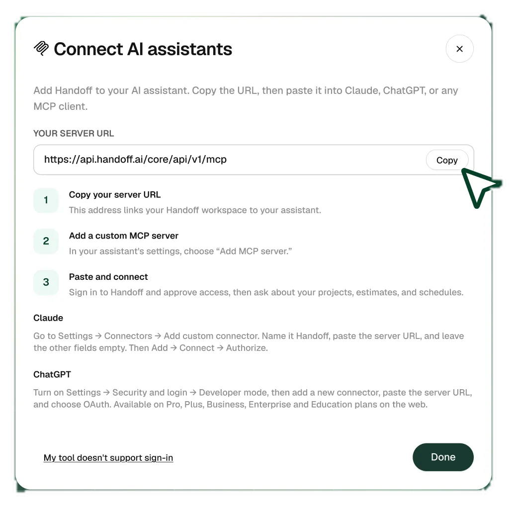 Connecting your AI assistant to Handoff via MCP