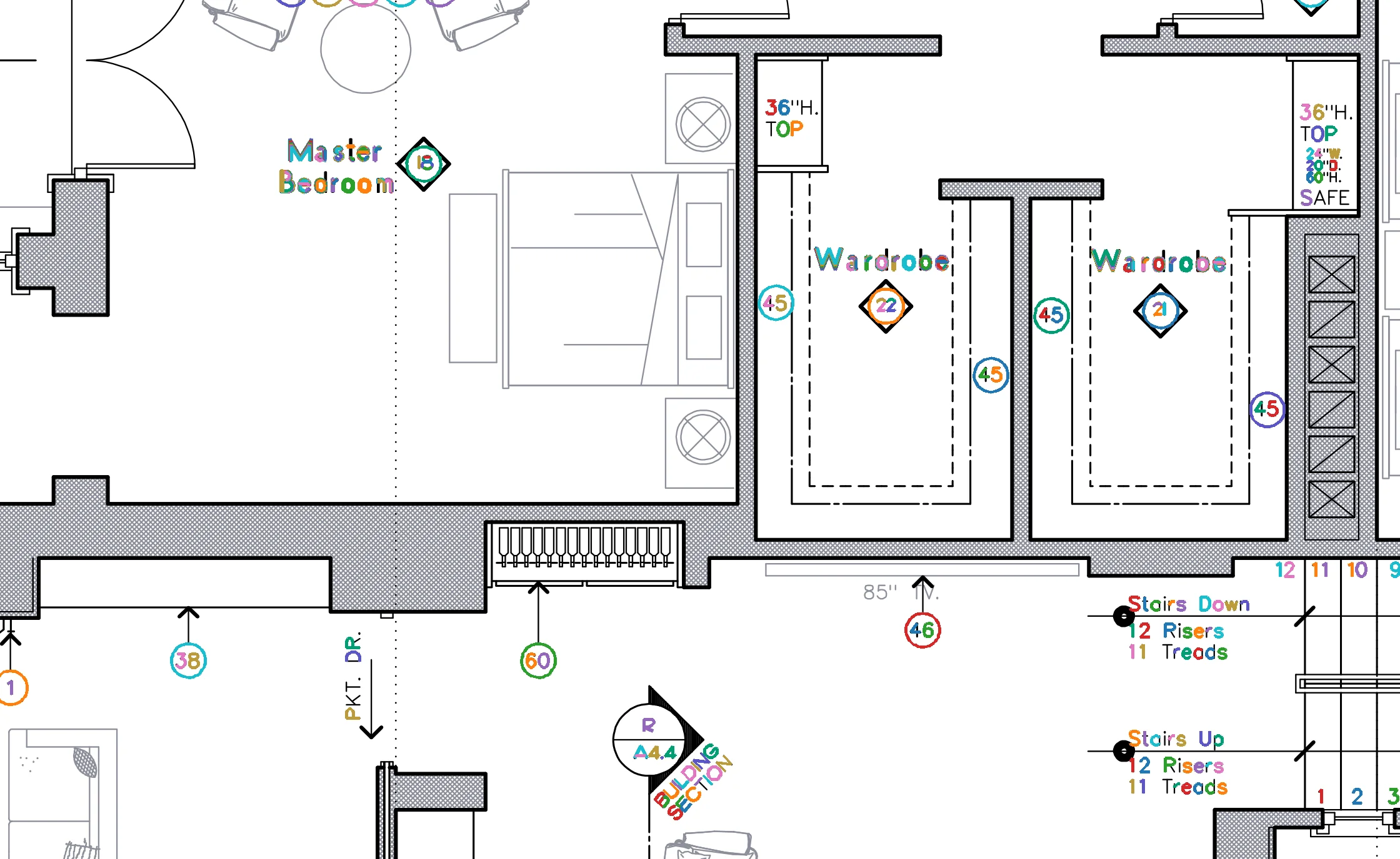 A floor plan detail where labels like Master Bedroom, Wardrobe and Stairs Down are drawn as vector strokes, each stroke painted a different color.