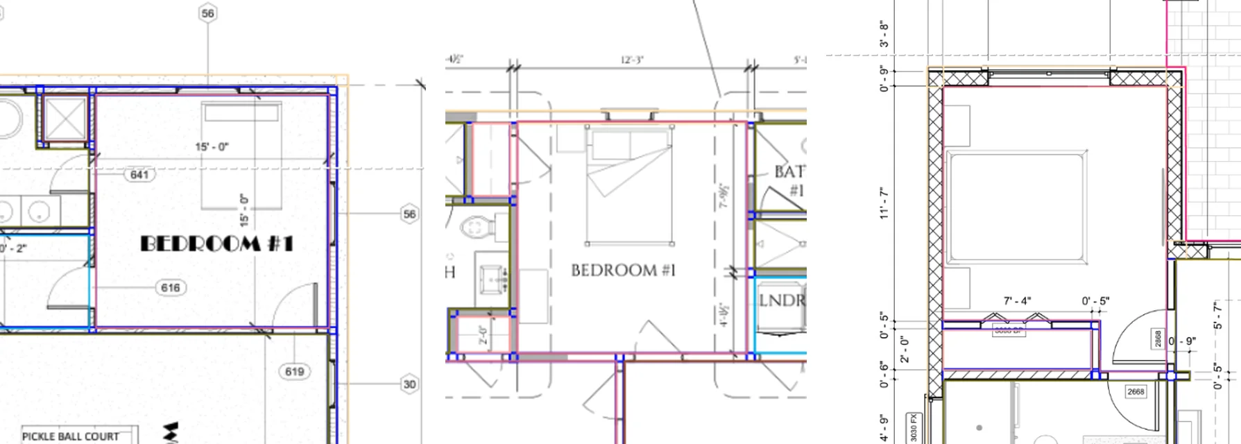 Three crops of bedrooms from different plans, each drawing the bed differently: a bare rectangle with a headboard, a detailed bed with pillows, and a faint outline.
