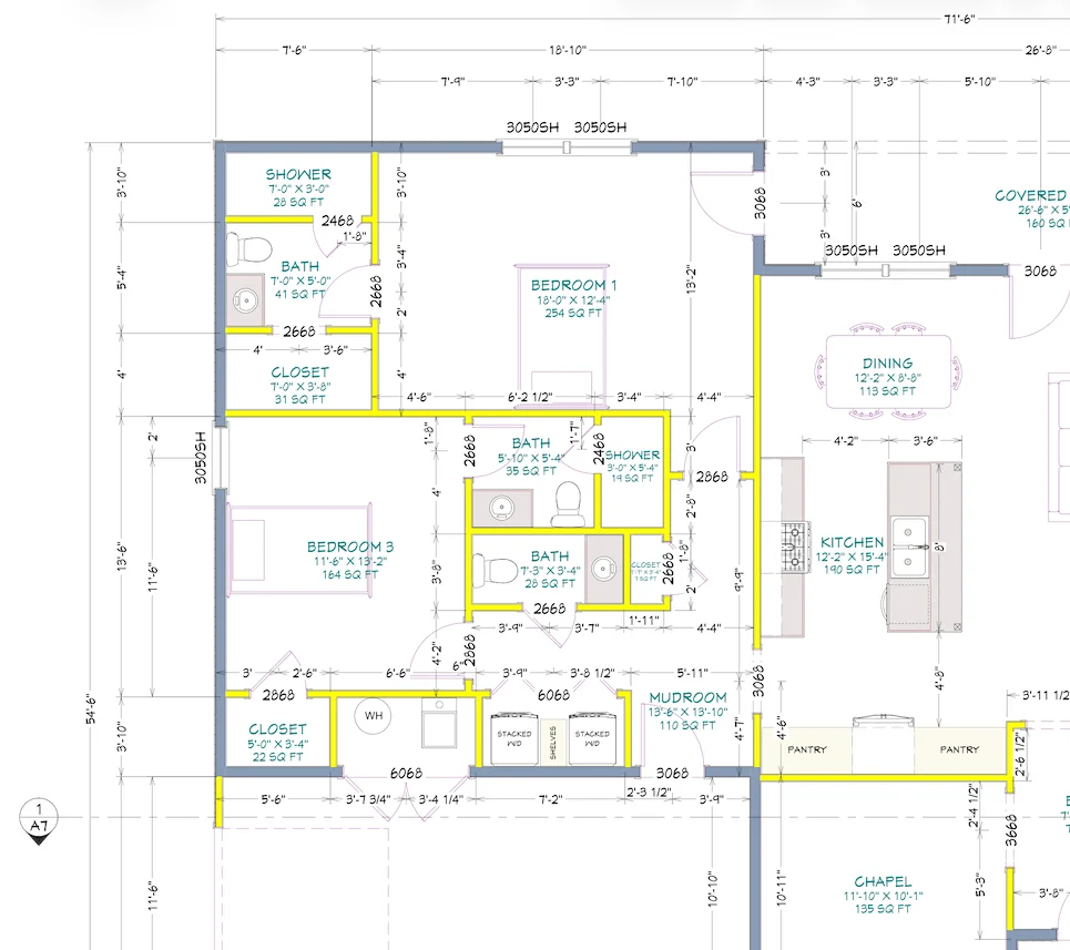 A residential floor plan where Bedroom 1 and Bedroom 3 each touch two rooms labeled only Bath, with plumbing walls highlighted in yellow.