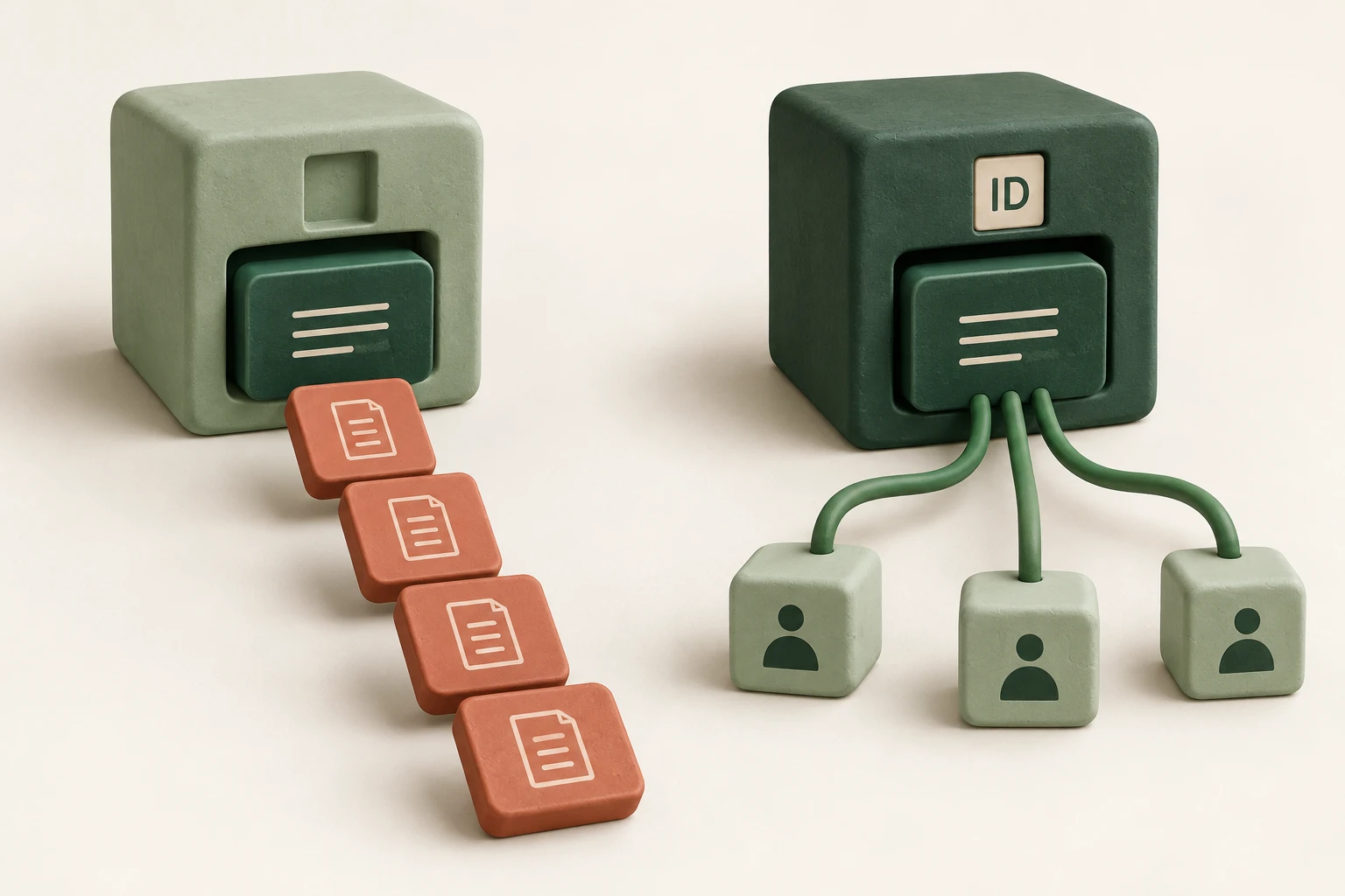 Tactile 3D cache block with a missing identity tile beside a cascade of repeated terracotta blocks; an ID tile locks into a calm green reusable block.