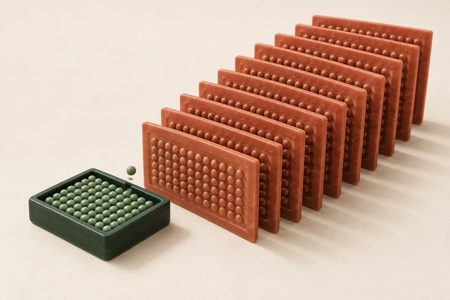 A tiny bead joins a green queue slab, producing a broad fan of terracotta slabs containing identical rows of beads.